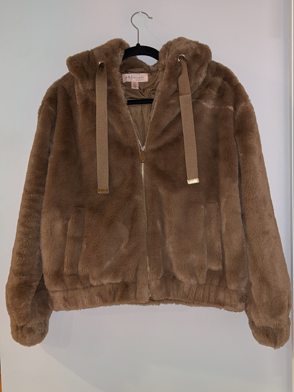 Philosophy Plush Faux Fur Hooded Puffer Jacket in Taupe Brown